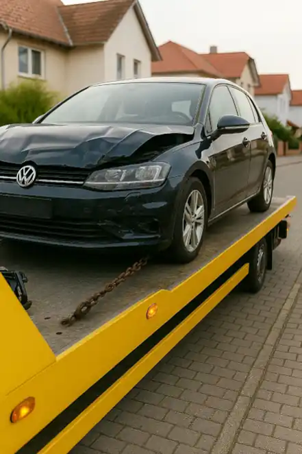 Ein defektes Fahrzeug, das im Zuge des Autoankaufs in Kaarst professionell abgeschleppt wird.