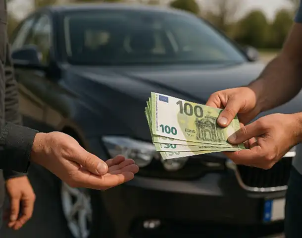Ein zufriedener Kunde erhält beim Autoankauf in Kaarst eine faire Bargeldauszahlung für sein Fahrzeug.